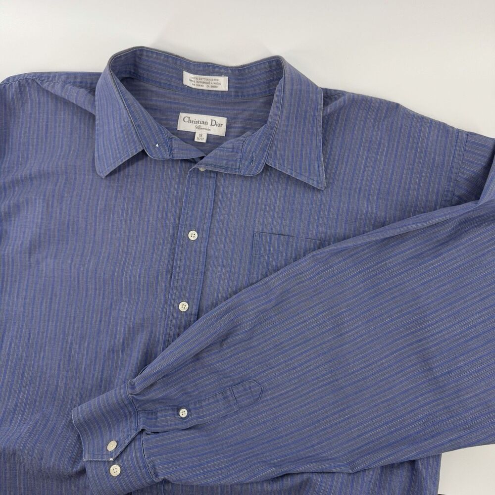 Vintage Christian Dior Chemise Long Sleeve Shirt Men 18 36/37 Blue Striped